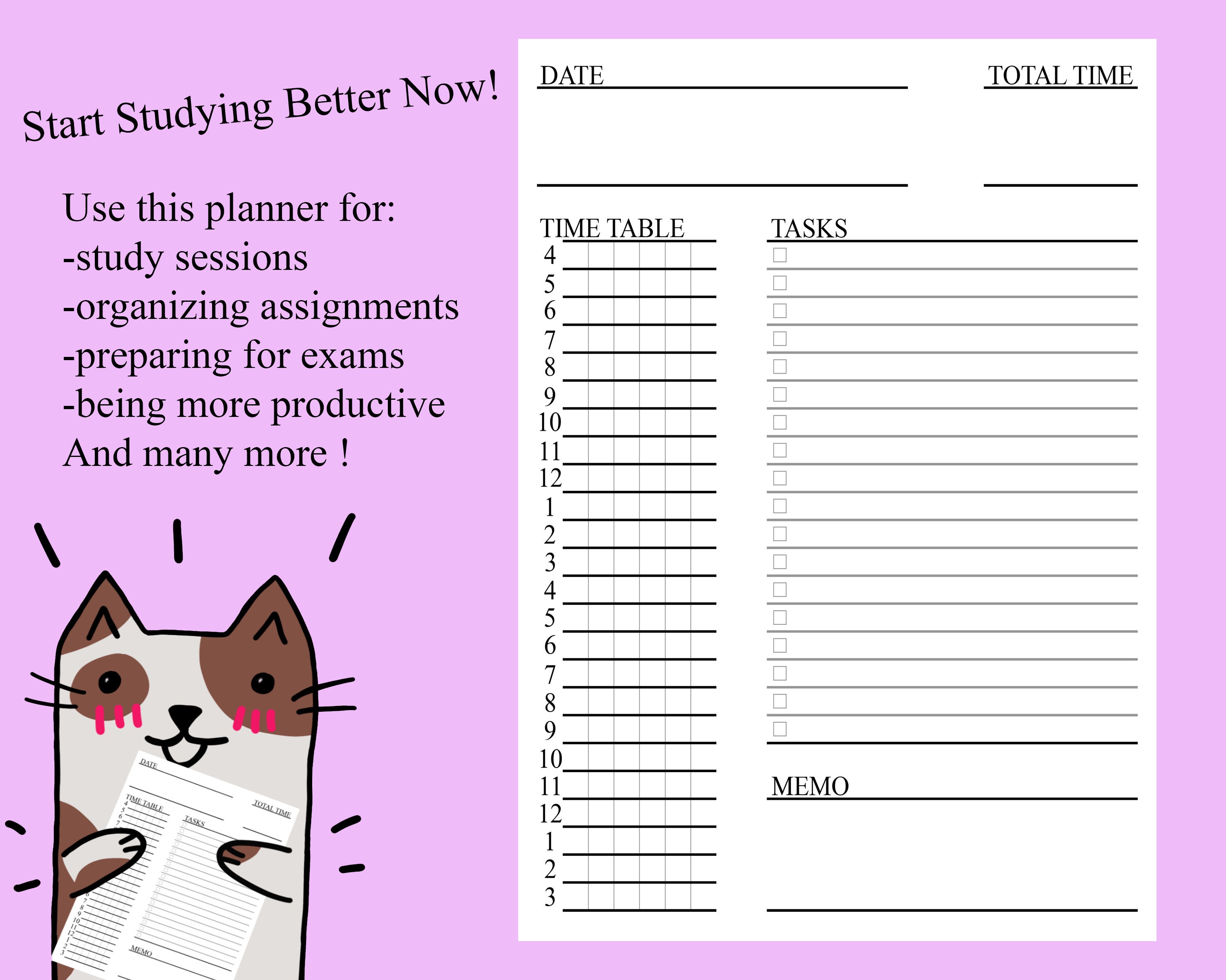 Daily Study Planner Printable Pdf Template 10 Minute Planner Etsy Uk