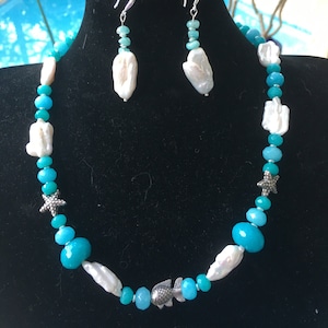 Freshwater pearls and blue jade necklace/choker with Karen Hill tribe sterling silver beads