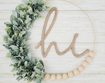 Modern Farmhouse Year-Round Lamb's Ear and Eucalyptus Wood Bead Hoop Wreath for front door, Minimalist Everyday Hoop Wreath with HI sign