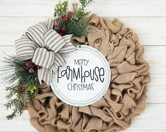 Christmas Burlap Wreath for Front Door, Farmhouse Christmas Wreath with Sign, Rustic Christmas Wreath with Bow and Berries, Burlap Christmas