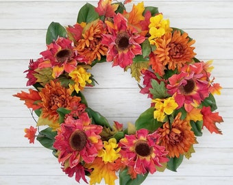 Autumn Sunflower Wreath, Sunflower Front Door Decor, Fall Front Porch Decor, Bright Fall Foliage Wreath, Fall Magnolia Wreath, Elegant, Chic