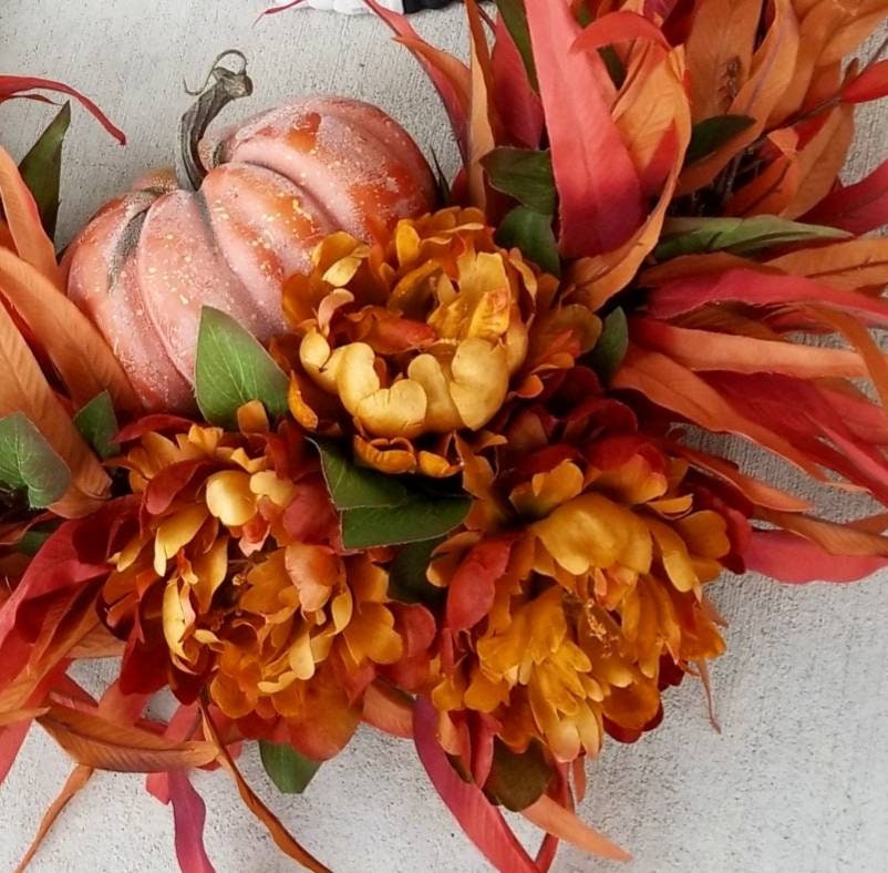 Burnt Orange Peony and Pumpkin Front Door Wreath, Thanksgiving Wreath ...