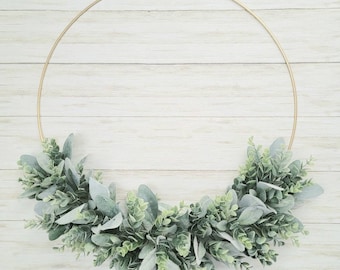 Modern Farmhouse Year-Round Lamb's Ear and Eucalyptus Hoop Wreath for front door, Minimalist Everyday Greenery Hoop Wreath, Neutral Boho