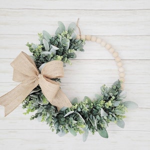 Modern Farmhouse Year-Round Lamb's Ear and Eucalyptus Wood Bead Hoop Wreath for front door, Minimalist Everyday Hoop Wreath for entryway image 9