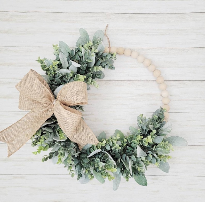 Modern Farmhouse Year-Round Lamb's Ear and Eucalyptus Wood Bead Hoop Wreath for front door, Minimalist Everyday Hoop Wreath for entryway image 9