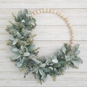 Modern Farmhouse Year-Round Lamb's Ear and Eucalyptus Wood Bead Hoop Wreath for front door, Minimalist Everyday Hoop Wreath for entryway image 1