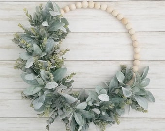 Modern Farmhouse Year-Round Lamb's Ear and Eucalyptus Wood Bead Hoop Wreath for front door, Minimalist Everyday Hoop Wreath for entryway