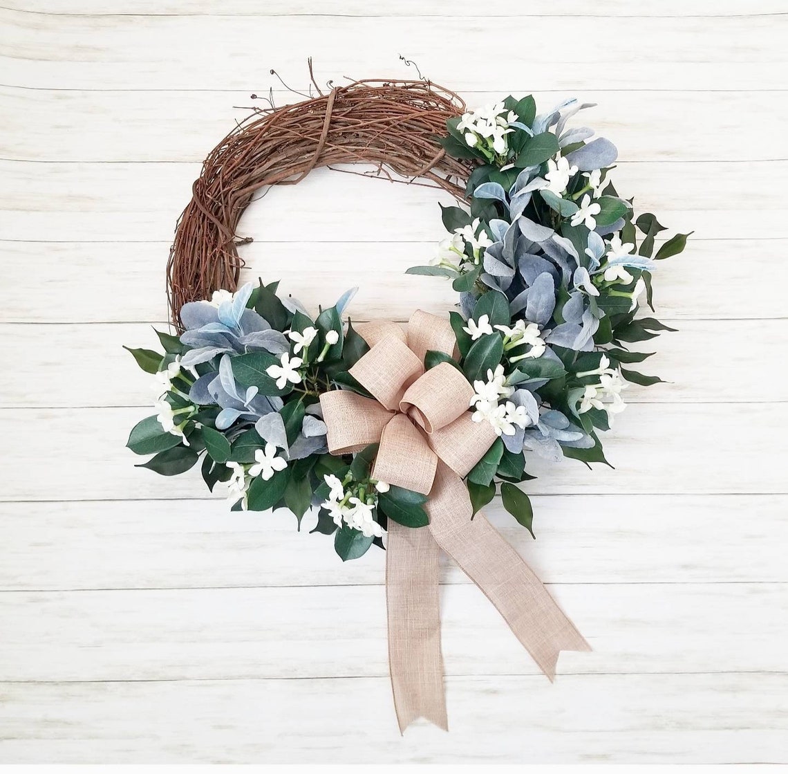 Large Everyday Lamb's Ear Wreath With White Jasmine and Etsy