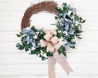 Large Everyday Lamb's Ear Wreath with White Jasmine and Neutral Bow, Year-Round Farmhouse Chic Wreath for front door, Everyday Spring Wreath