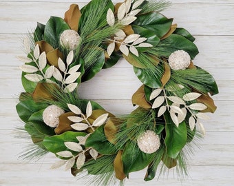 Christmas Magnolia Wreath with Champagne ornaments, Farmhouse Holiday Wreath for Front Door, Elegant Winter Wreath with Magnolia Leaves