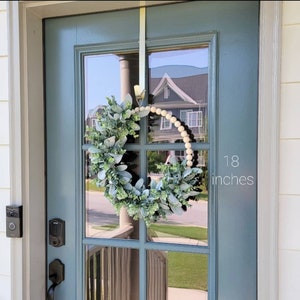 Modern Farmhouse Year-Round Lamb's Ear and Eucalyptus Wood Bead Hoop Wreath for front door, Minimalist Everyday Hoop Wreath for entryway image 6