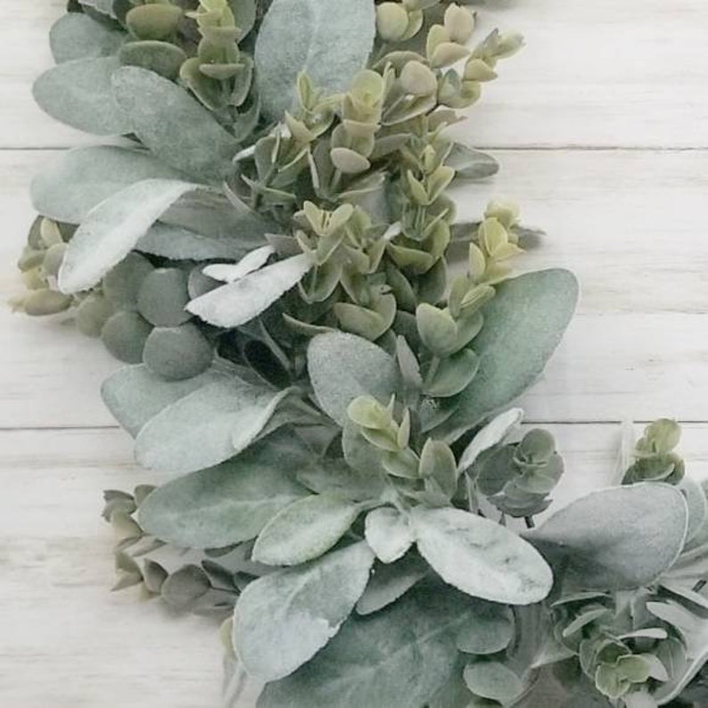 Modern Farmhouse Year-Round Lamb's Ear and Eucalyptus Wood Bead Hoop Wreath for front door, Minimalist Everyday Hoop Wreath for entryway image 3