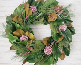 Elegant Magnolia Wreath with Red Berries for Christmas, Farmhouse Holiday Wreath for Front Door, Christmas Magnolia Wreath, Evergreen Wreath