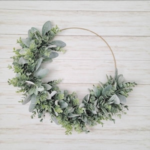 Modern Farmhouse Year-Round Lamb's Ear and Eucalyptus Hoop Wreath for front door, Minimalist Everyday Greenery Hoop Wreath for entryway