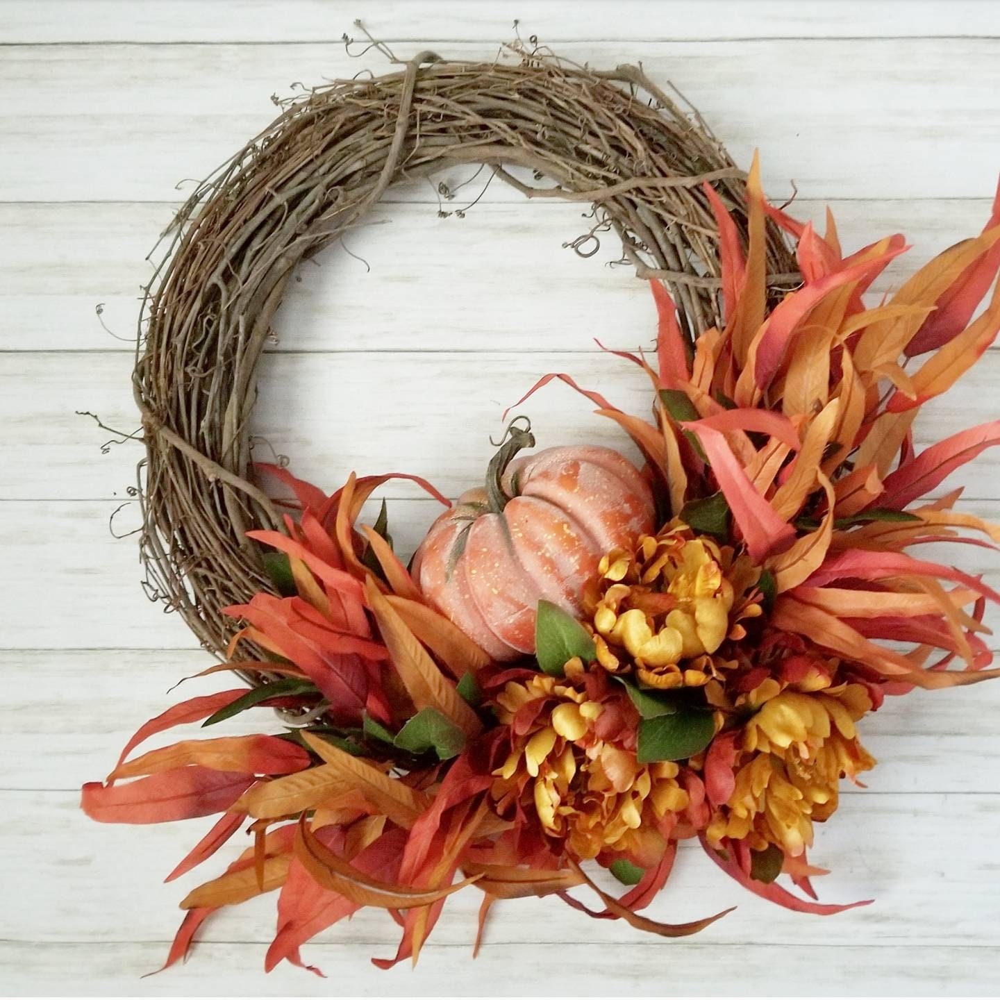 Burnt Orange Peony and Pumpkin Front Door Wreath, Thanksgiving Wreath ...