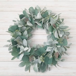 Year-Round Farmhouse Chic Lamb's Ear and Silver Dollar Eucalyptus Wreath for front door, Minimalist Everyday Cotton Wreath, Spring Wreath