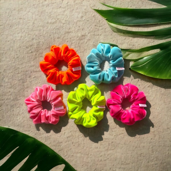 Barbie Pink, Scrunchies, Summer Scrunchies, Hair Ties, Neon Scrunchie, Summertime Scrunchie, Velvet, Neon Green, Neon Pink, Blue, Beach,