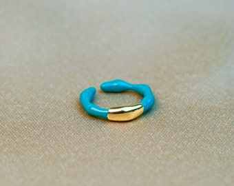 Brass Enamel Irregular Minimalist Band Ring - Teal Green