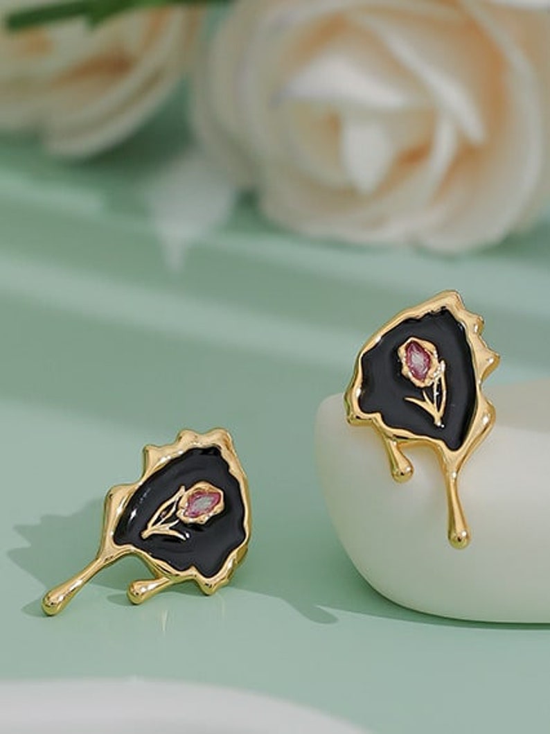 Enamel Flower Drip Stud Earring 18K Gold Plated image 3