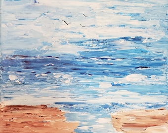 May include: Abstract painting of a seascape with a blue ocean and white clouds. The bottom of the painting shows a brown sandy beach.