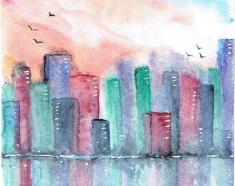 Digital Download - Cityscape - multiple colors reflecting in the water, multiple sizes included, watercolor painting, abstract wall art