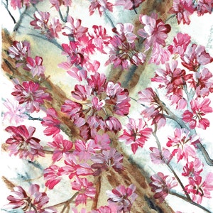 Crab-Apple Blooms - vários tamanhos incluídos, pintura em mídia mista - arte para impressão, decoração de parede, anúncios, cartões comemorativos