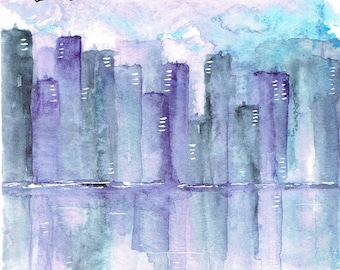 Digital Download - Cityscape reflecting in the water, multiple sizes included, watercolor painting abstract wall art, greeting cards