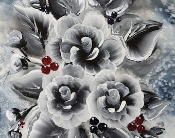 5” X 7” Original Art Black and White Wall Art Watercolor Roses
