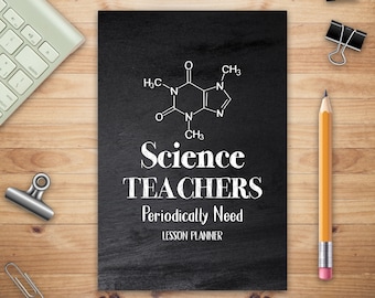 May include: A black chalkboard with white text that reads "Science Teachers Periodically Need Lesson Planner". A chemical structure of caffeine is drawn above the text.