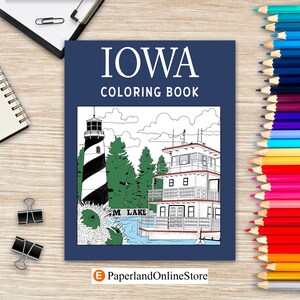 Livro de colorir de Iowa, pintura para adultos em marcos e ícones dos Estados Unidos, livros de atividades para aliviar o estresse, presentes para turistas de Iowa, Prairie Rose