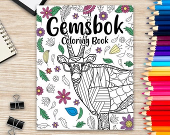 Könnte beinhalten: Ein Schwarzweiß-Malbuch mit einer Gemsbock-Antilope, die eine Brille trägt. Der Umschlag ist mit Blumen und Blättern verziert.