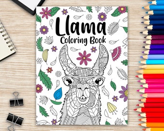 May include: A black and white coloring book cover featuring a llama wearing glasses and surrounded by flowers. The title of the book is "Llama Coloring Book".