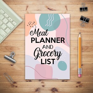 Pode incluir: Um design abstrato rosa e azul com o texto "Meal Planner and Grocery List" em preto.
