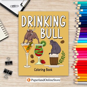 Livro de colorir "Touro Bebedor", receitas, menu, coquetéis, smoothies, frapês e bebidas, livros de atividades para pintar para amantes de animais
