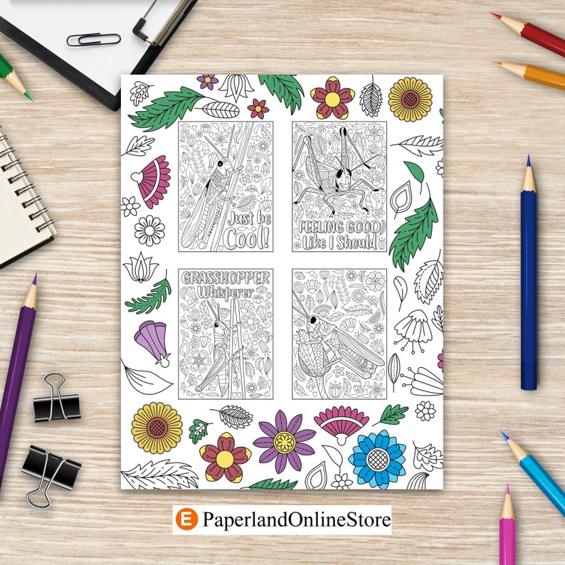 Grasshopper Coloring Book, Adult Coloring Book, Gifts for Grasshopper Lovers, Floral Mandala Coloring, Insecta Coloring Book, Activity Book