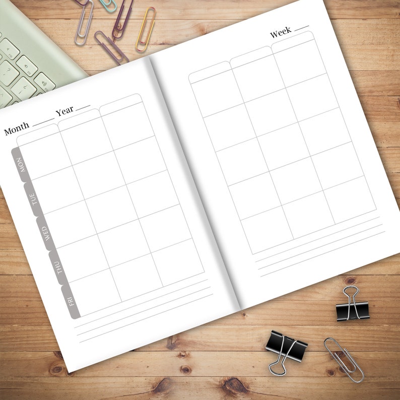 May include: A blank weekly planner with a monthly calendar on the left page. The planner has a gray border and is divided into sections for each day of the week. The monthly calendar has sections for each day of the month and is labeled with the month and year.