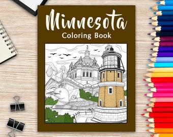 Minnesota Coloring Book, Adult Painting on USA States Landmarks and Iconic, Stress Relief Activity Art Books, Gifts for Minnesota Tourist