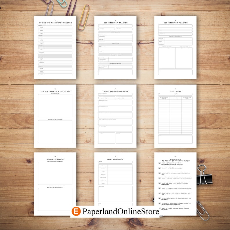 Job Search & Interview Tracker, Job Hunt Log Book, Job Finder, Ideal Job Brainstorm, Resume Writing Tips, Self-Assessment, Interview Planner