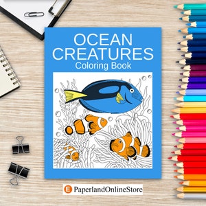 Ocean Creatures Coloring Book, Animal Coloring Book, Coloring Book Pages Fish, Sea Turtle, Starfish, Octopus, Lobster, Great White Shark