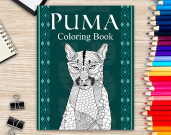 Könnte beinhalten: Ein Malbuchcover mit einer Schwarzweißillustration eines Pumas mit Brille. Das Cover ist tealgrün mit weißem Rand und dem Text "PUMA Coloring Book".