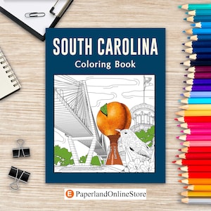 South Carolina Coloring Book, Adult Coloring Page, Painting on USA States Landmarks and Iconic, Gifts for Tourist, Stress Relief Pictures