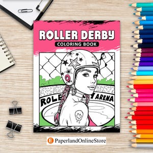 Op de afbeelding: Een Roller Derby kleurboek met een roze en witte omslag. De omslag toont een zwart-wit illustratie van een vrouw met een met sterren versierde helm. De tekst "ROLLER DERBY COLORING BOOK" staat bovenaan.