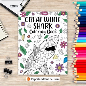 Great White Shark Coloring Book, Zentangle Coloring Books for Adults, Sea Life Coloring Pages, Ocean Animal Painting, Under the Sea Gift