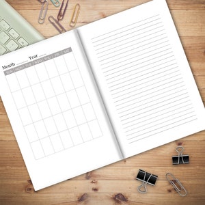 May include: A blank monthly calendar planner with a lined page on the right side. The calendar has the days of the week labeled: Sun, Mon, Tue, Wed, Thu, Fri, Sat. The calendar is labeled "Month" and "Year".
