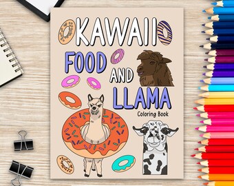 May include: A coloring book cover with a kawaii llama wearing a donut. The title is "Kawaii Food and Llama Coloring Book".