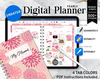Pink Color Digital Planner, Goodnotes Android or iPad Planner, Undated Daily Weekly Digital Journal, Notability Planner, Hyperlinked Tabs