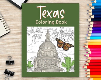 Texas Coloring Book, Adult Coloring Pages, Painting on USA States Landmarks and Iconic, Funny Stress Relief Pictures, Gifts for Tourist