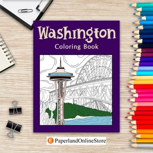 Washington kleurboek, kleurboeken voor volwassenen, Washington State Art, Museum of Glass, Seattle Great Wheel, Columbia Valley, Skagit
