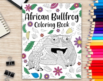 Könnte beinhalten: Ein Schwarzweiß-Malbuchcover mit einer Illustration eines Brillenträger-Ochsenfrosches. Der Titel des Buches lautet "African Bullfrog Coloring Book".