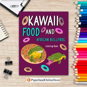 May include: A purple colouring book cover with the text "Kawaii Food and African Bullfrog Colouring Book". The cover features a cartoon illustration of two green bullfrogs with yellow bellies eating doughnuts.